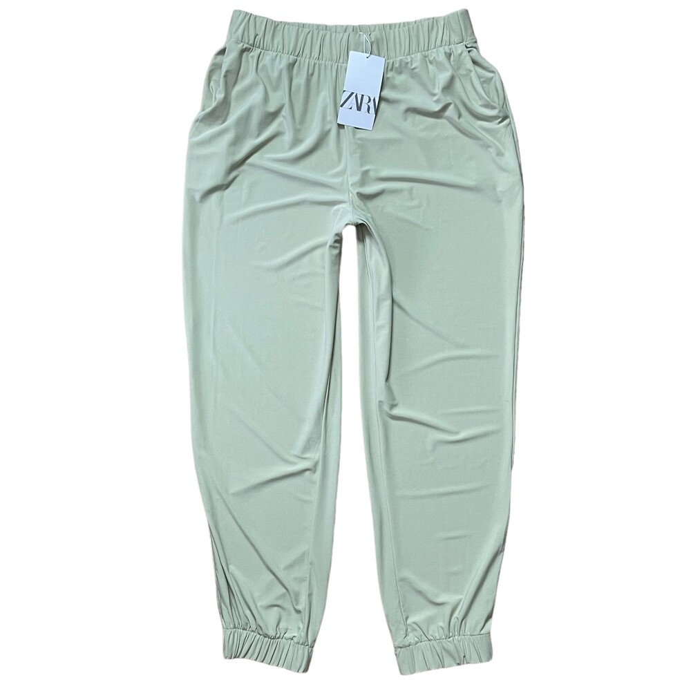 Zara NWT Pull-On Jogger Pants Size L Sage Green High Waisted Stretch Relaxed Fit